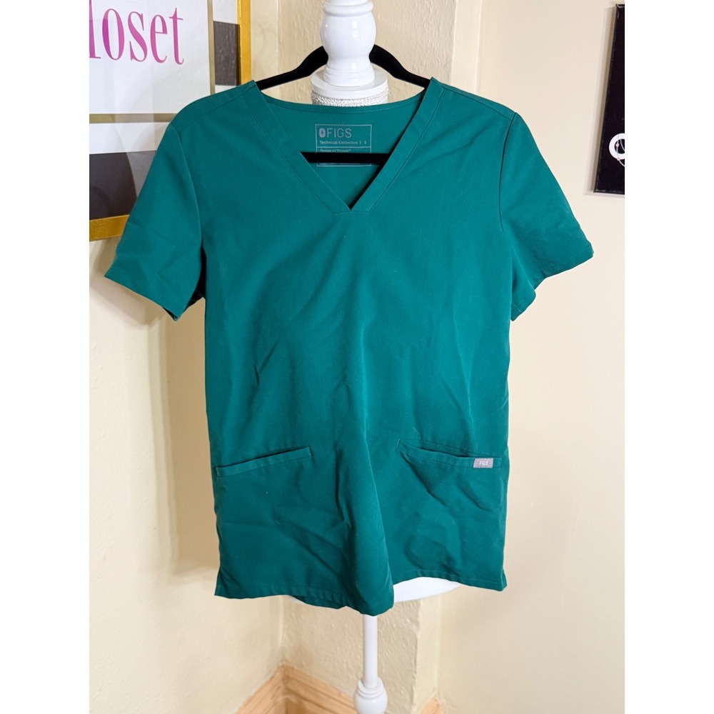 FIGS Technical Collection Scrub Top Womens Small Green V-Neck Short Sleeve
